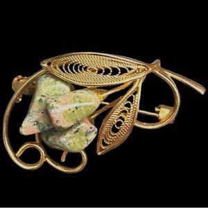 Vintage Gold Tone Filigree Floral Brooch Unakite Gem Stones